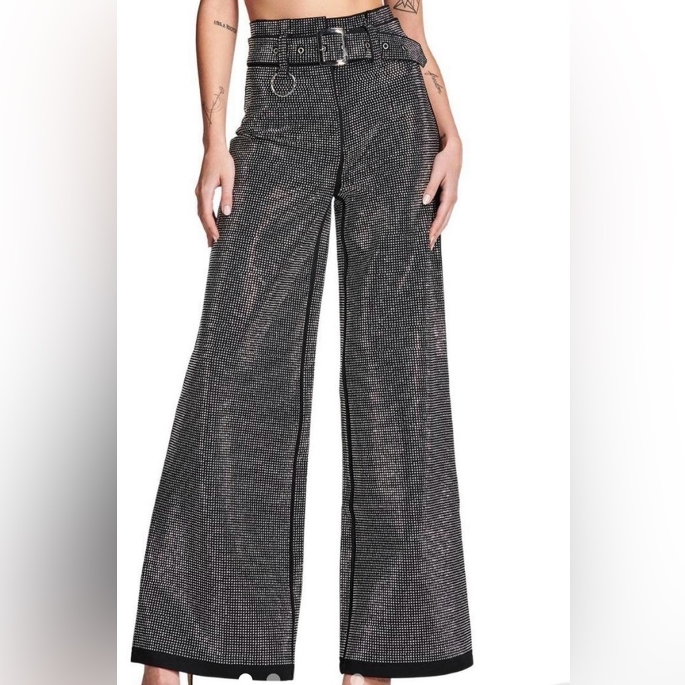 I.AM.GIA Black Rhinestone Studded Wide Leg Pants Belted XS - Picture 3 of 12
